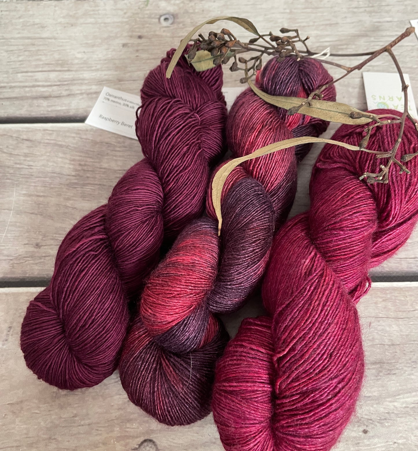 Raspberry Beret - Merino and silk 4 ply singles - Osmanthus 3 sk.set